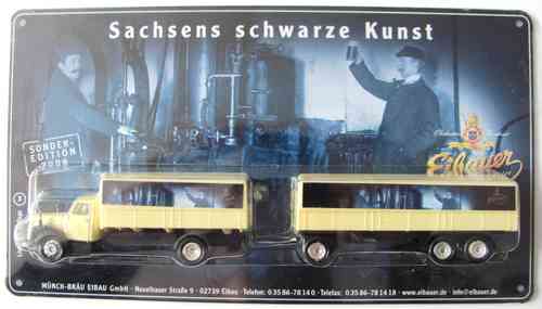 Eibauer Münch-Bräu Nr.57 - Sachsens schwarze Kunst - Scania - Hängerzug Oldie auf Blechschild