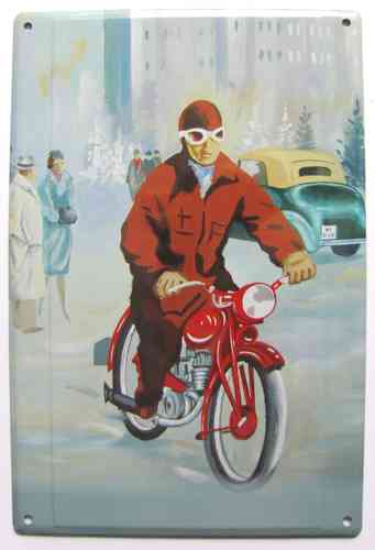 Nostalgie - Mann auf rotem Motorrad - Blechschild