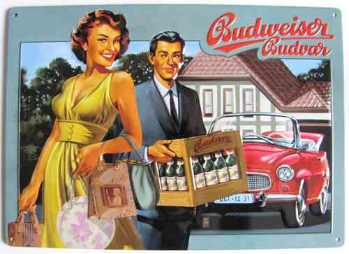 Budweiser - Blechschild - Frau & Mann mit Bierkiste