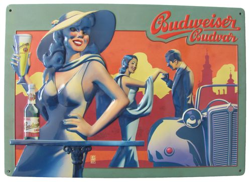 Budweiser - Blechschild - Frau & Paar an Oldtimer